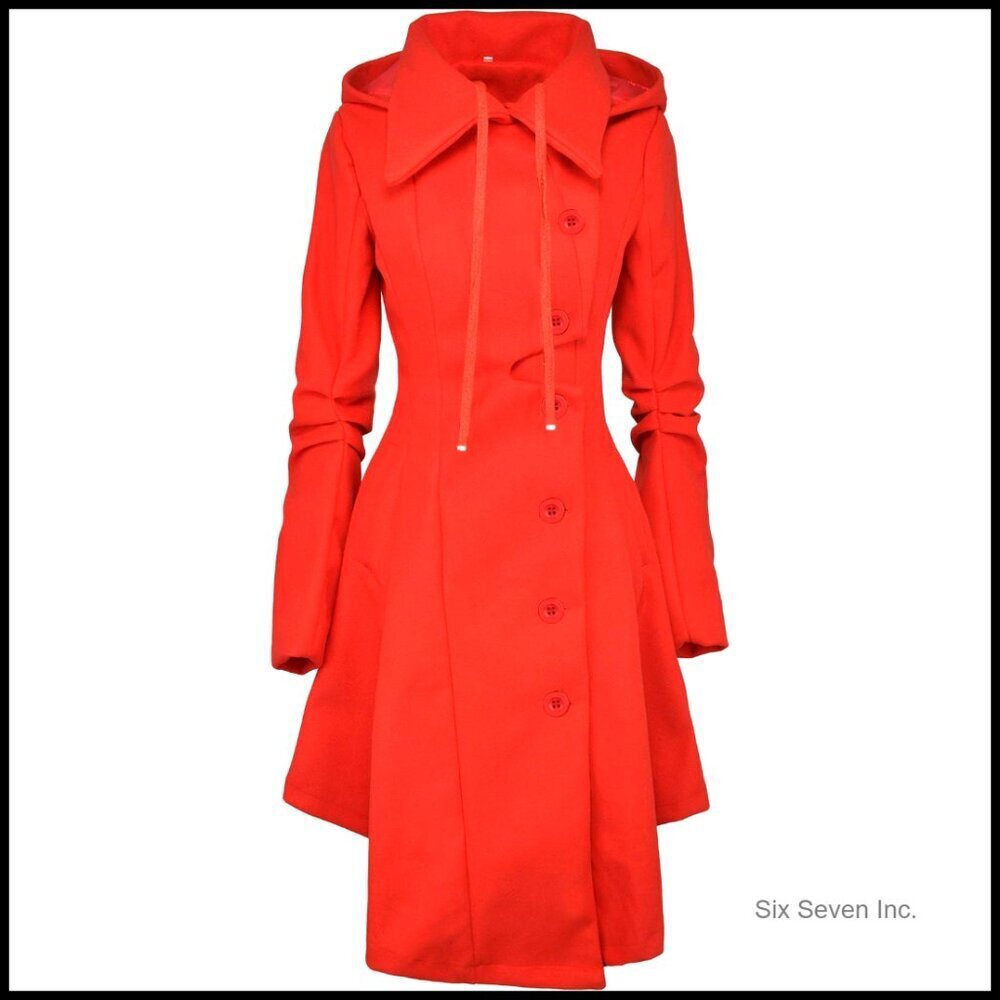 Wool Blend Trench Pea Coat Goth Victorian Style Long Hooded Winter Outerwear